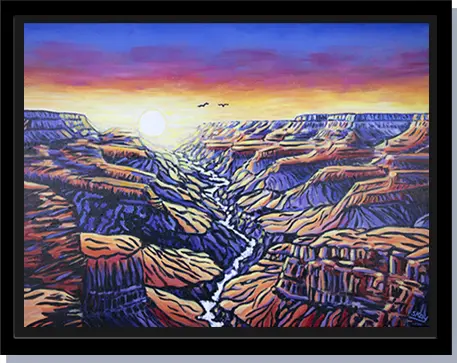 A painting of The Grand Canyon glowing in a sunset