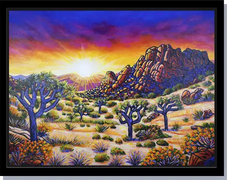 A painting of Joshua Tree National Park during sunset